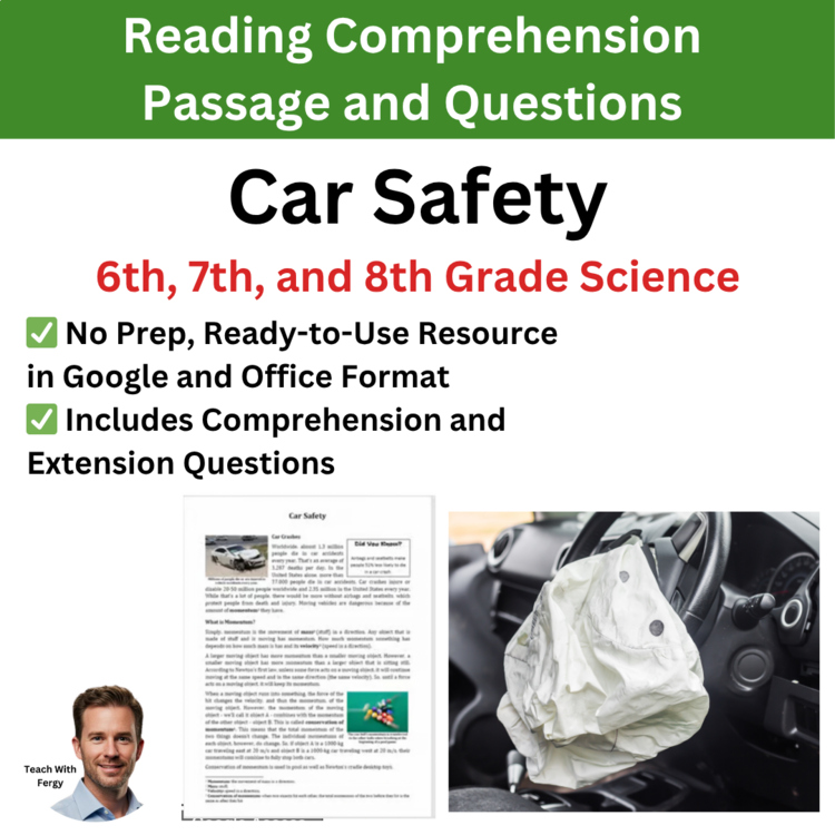 Car Safety Reading Comprehension Passage & Questions | 6th, 7th, 8th Grade
