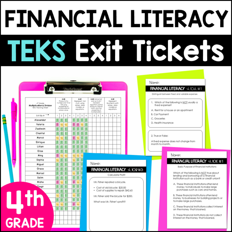 4th Grade Personal Financial Literacy TEKS Exit Tickets - Exit Slips