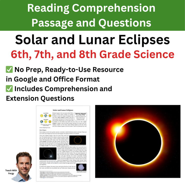 Solar and Lunar Eclipses Reading Comprehension & Questions | 6th, 7th, 8th Grade