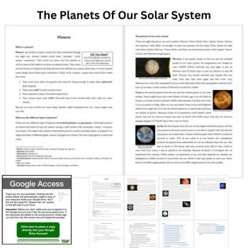 The Planets Of Our Solar System Reading Comprehension & Questions 6th, 7th, 8th, image 2