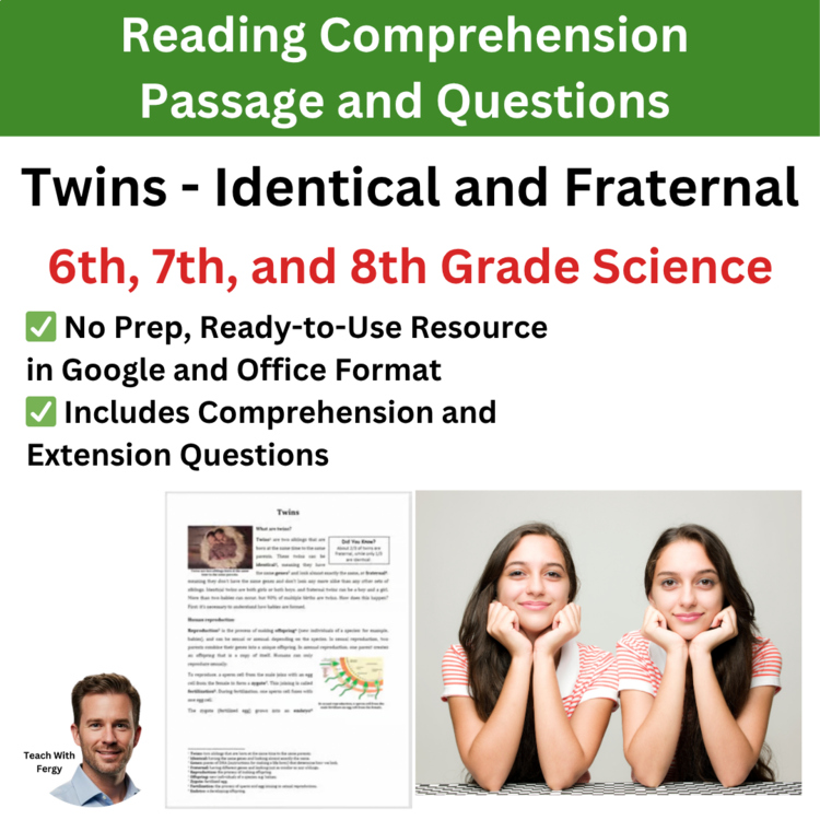 Twins - Identical and Fraternal Reading Comprehension & Questions 6th, 7th, 8th