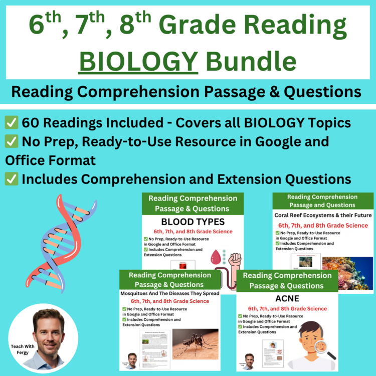 Biology 6th, 7th, 8th Grade Reading Comprehension & Questions 60 Article Bundle