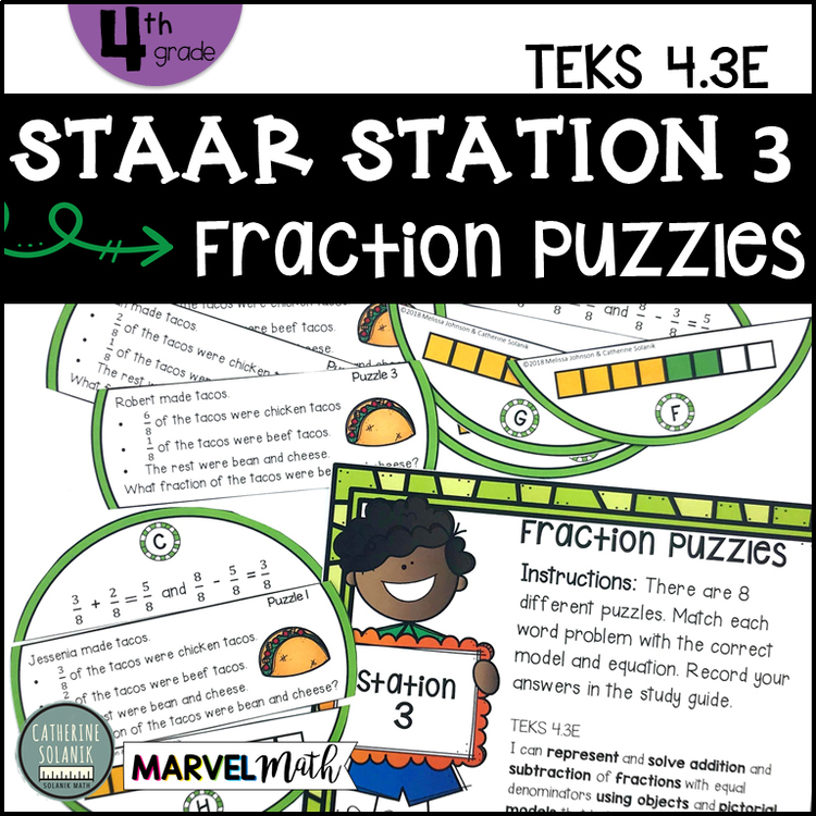 4th Grade STAAR STATION 3: FRACTIONS PUZZLES TEKS 4.3E Math Center