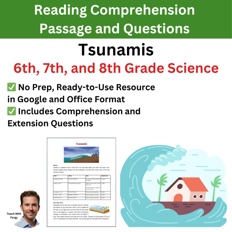Tsunamis Reading Comprehension Passage & Questions | 6th, 7th, 8th Grade