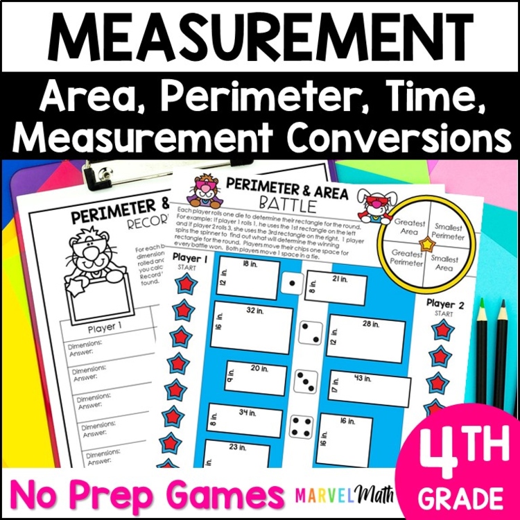 4th Grade Measurement Conversions, Area and Perimeter, Elapsed Time Games