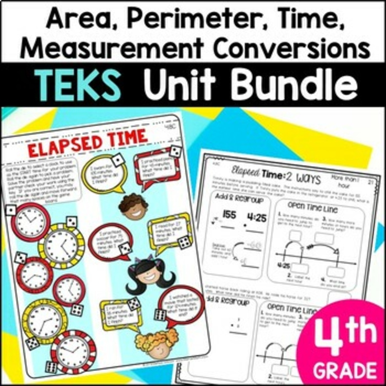 4th Grade Measurement Conversions, Area and Perimeter, Elapsed Time Unit Bundle
