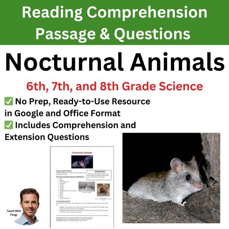 Nocturnal Animals Reading Comprehension Passage & Questions | 6th, 7th, 8th Grad