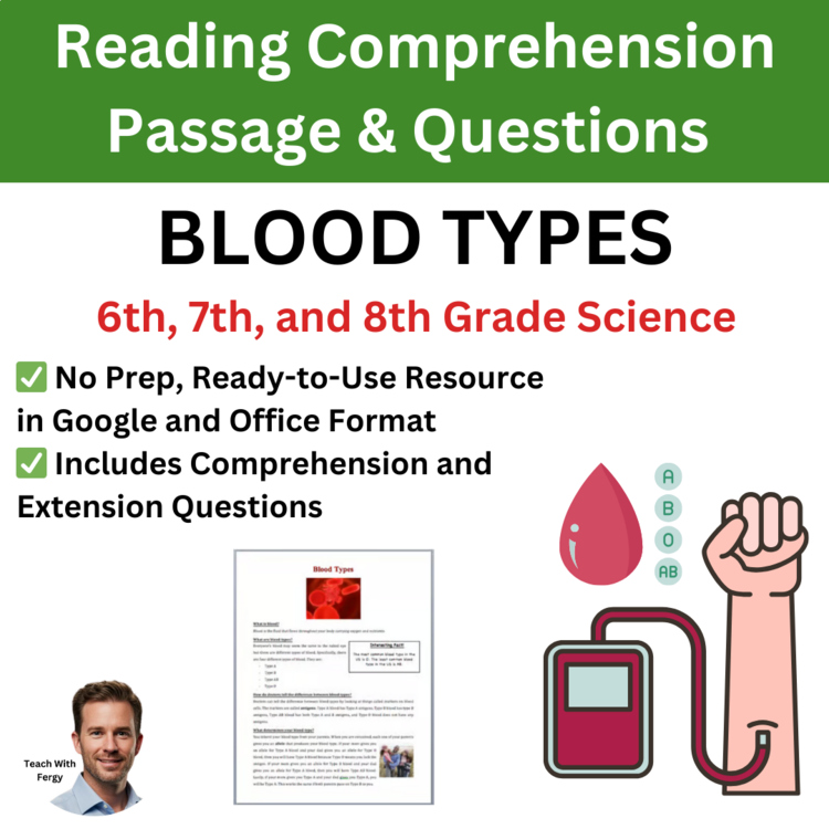 Blood Types Reading Comprehension Passage & Questions | 6th, 7th, 8th Grade
