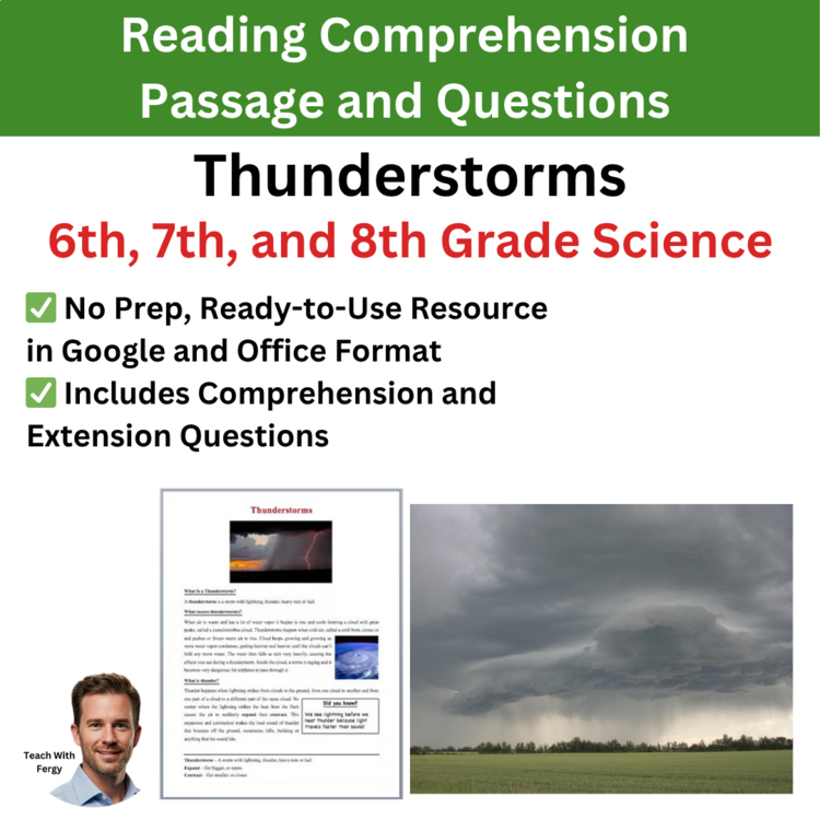Thunderstorms Reading Comprehension Passage & Questions | 6th, 7th, 8th Grade