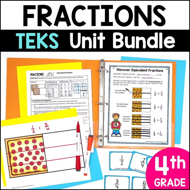 4th Grade Fractions Unit - Worksheets, Assessments, Equivalent, Comparing TEKS