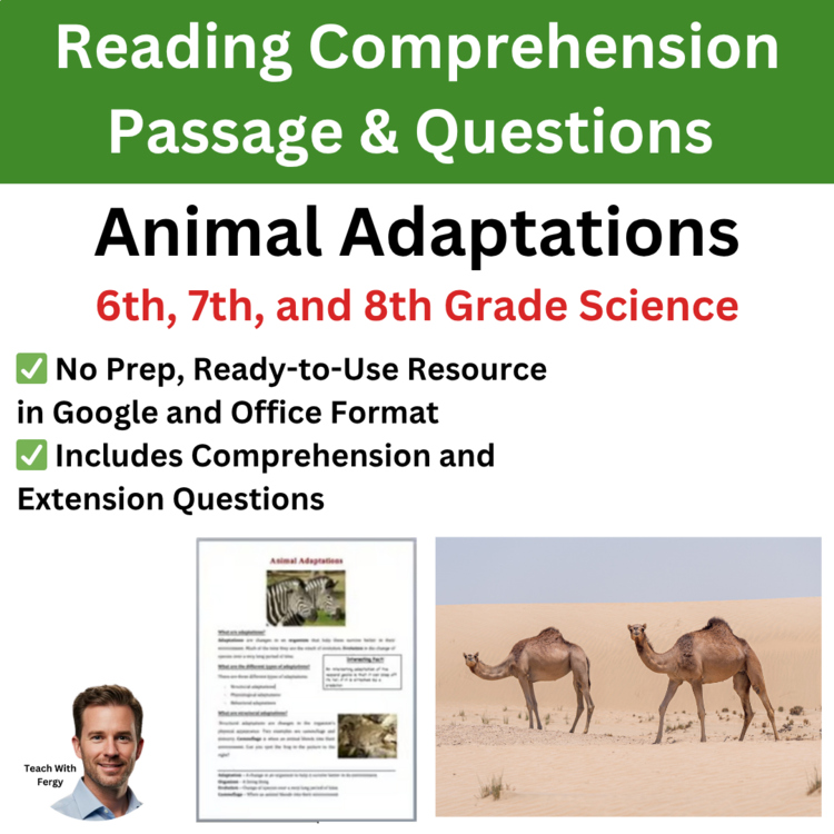 Animal Adaptations Reading Comprehension Passage & Questions | 6th, 7th, 8th Gr