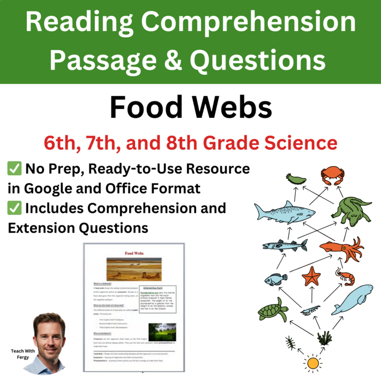 Food Webs Reading Comprehension Passage & Questions | 6th, 7th, 8th Grade