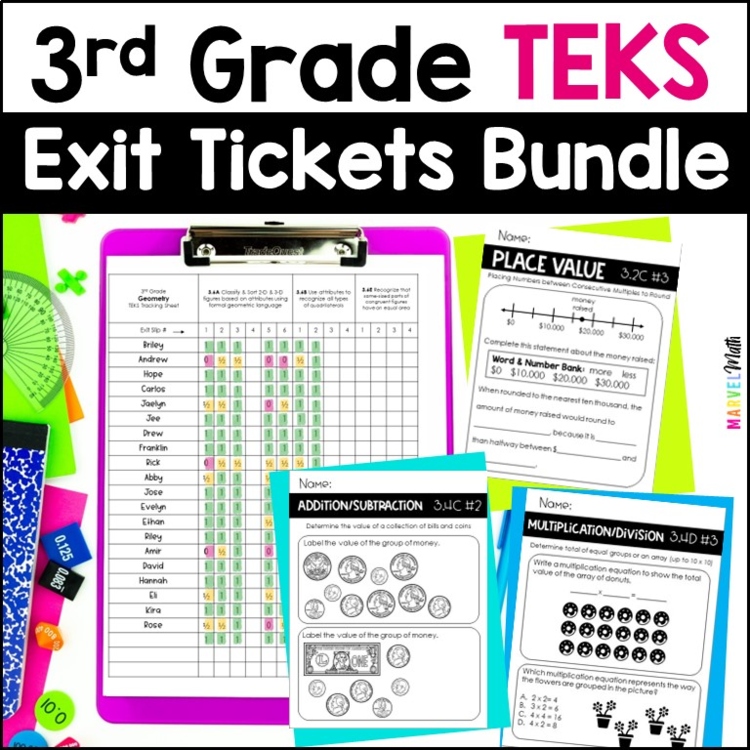 3rd Grade Math Exit Tickets - TEKS Standards Exit Slips Bundle