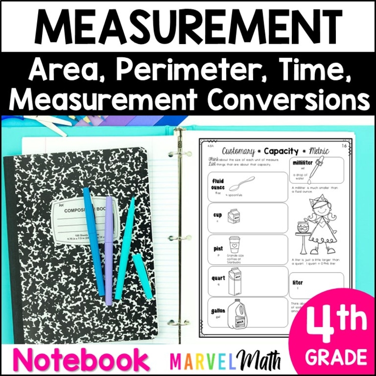 4th Grade Measurement Conversions, Area and Perimeter, Elapsed Time Notebook