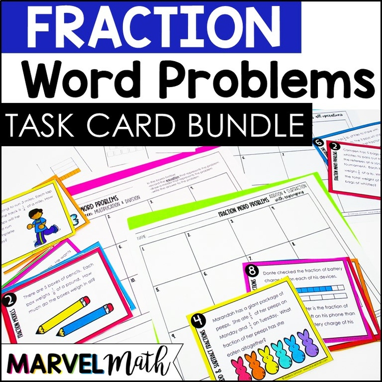 Fraction Word Problem Bundle: 72 task cards to add, subtract, multiply & divide