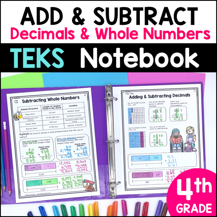 No Prep Addition & Subtraction Notebook 4th Grade TEKS - Decimals, Whole Numbers