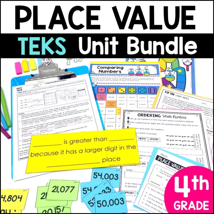 4th Grade Place Value Unit - Worksheets, Games, Place Value Charts TEKS Bundle