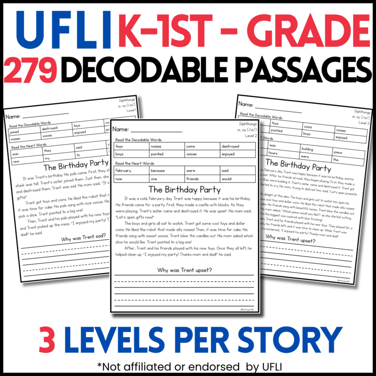 Kindergarten & 1st Grade Decodable Passages - UFLI Scope and Sequence - 3 Levels