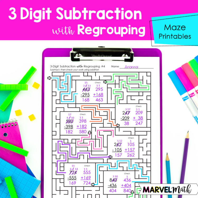 3 Digit Subtraction with Regrouping Worksheets with Mazes