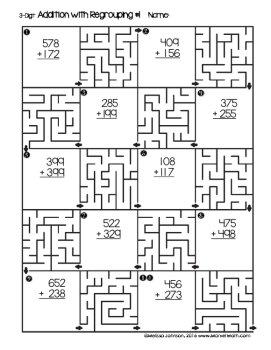 3 Digit Addition with Regrouping Worksheets with Mazes, image 2