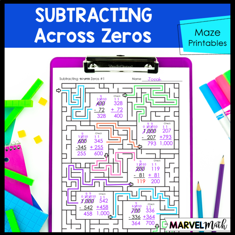 Subtracting Across Zeros Worksheets with Mazes