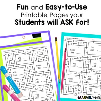 Subtracting Across Zeros Worksheets with Mazes, image 2