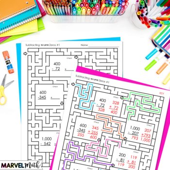 Subtracting Across Zeros Worksheets with Mazes, image 3
