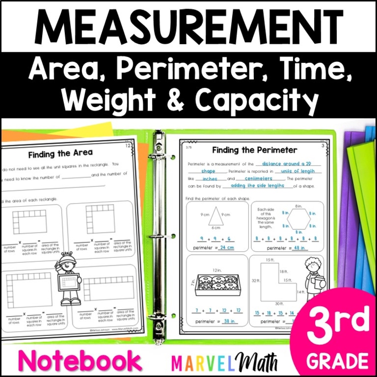 3rd Grade Area and Perimeter Worksheets for Notebook + Time, Weight and Capacity