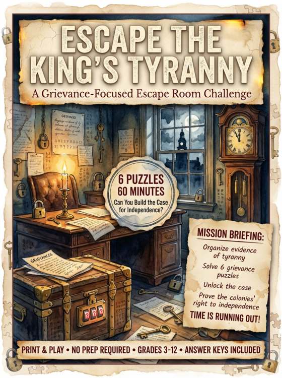 Escape the Kings Tyranny Declaration Escape Room Grievances Activity Grades 3-12