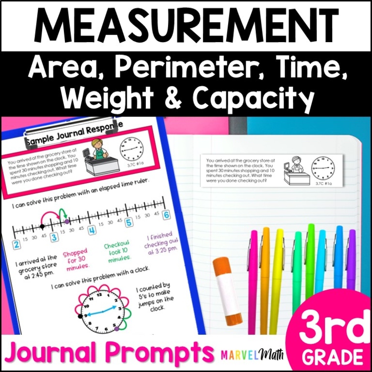 3rd Grade Math Journal Prompts - Area and Perimeter, Elapsed Time, Measurement