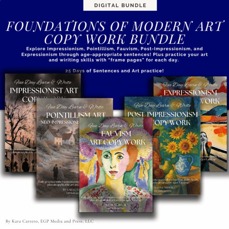 Foundations of Modern Art Copy work and coloring Page Bundle for Grades K-12