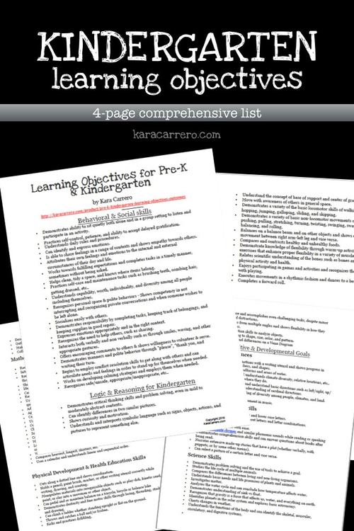 Kindergarten Learning Objectives and Outcomes