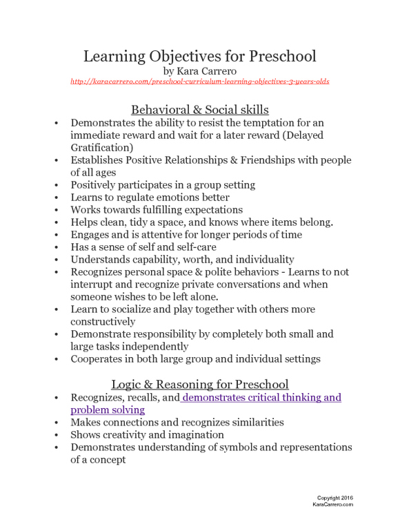 Learning objectives for Preschool and Pre-K