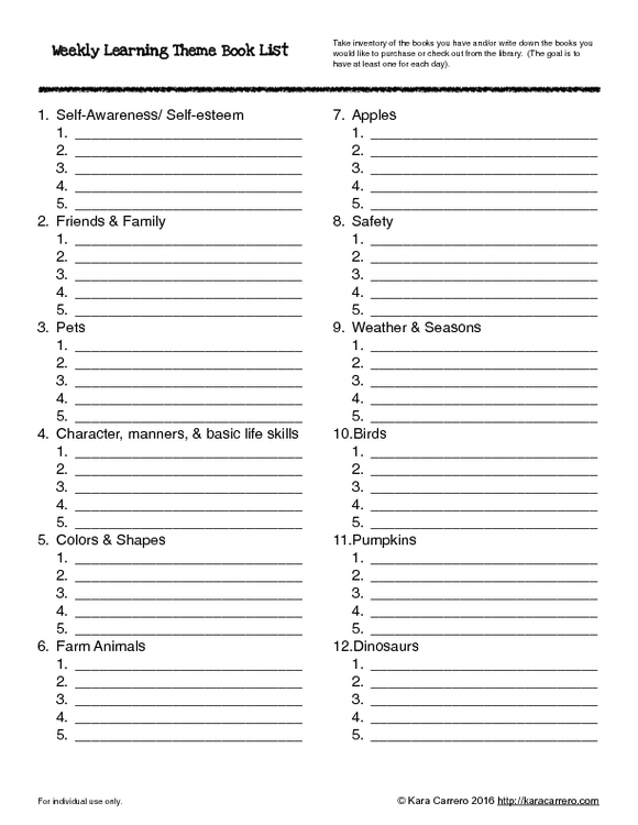 Weekly Learning Themes Book Inventory Printable