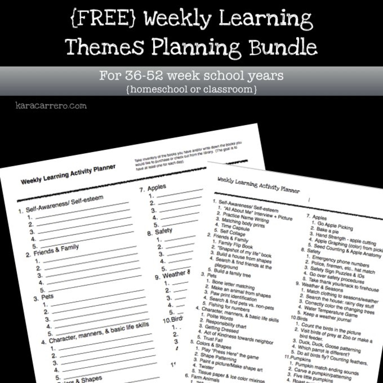 Weekly learning theme activity planner printable (36-52 week school year)