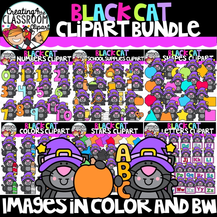 Black Cat Clipart Bundle | School Supplies, Shapes, Colors, Letters