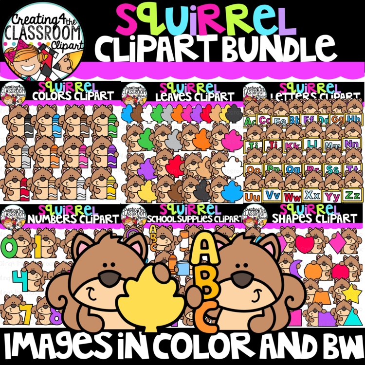 Squirrel Clipart Bundle | School Supplies, Shapes, Colors, & Letters