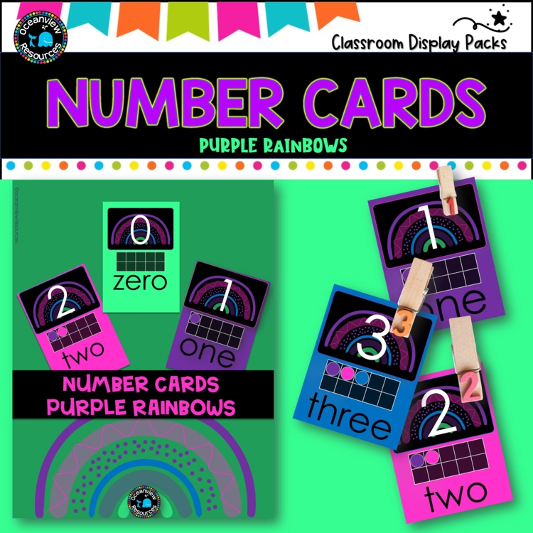 NUMBER CARDS- BRIGHT PURPLE RAINBOW Design- Upper and lower case 0-20