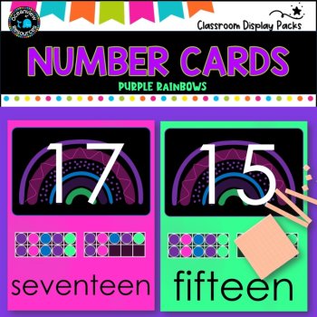 NUMBER CARDS- BRIGHT PURPLE RAINBOW Design- Upper and lower case 0-20, image 3