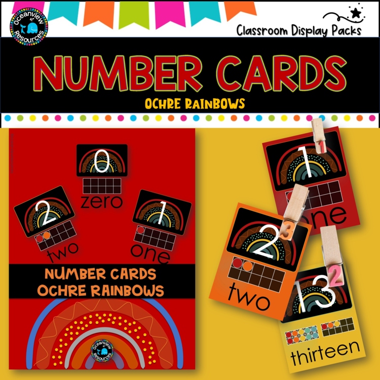 NUMBER CARDS- Upper and Lower case-ochre  rainbow Design 0-20