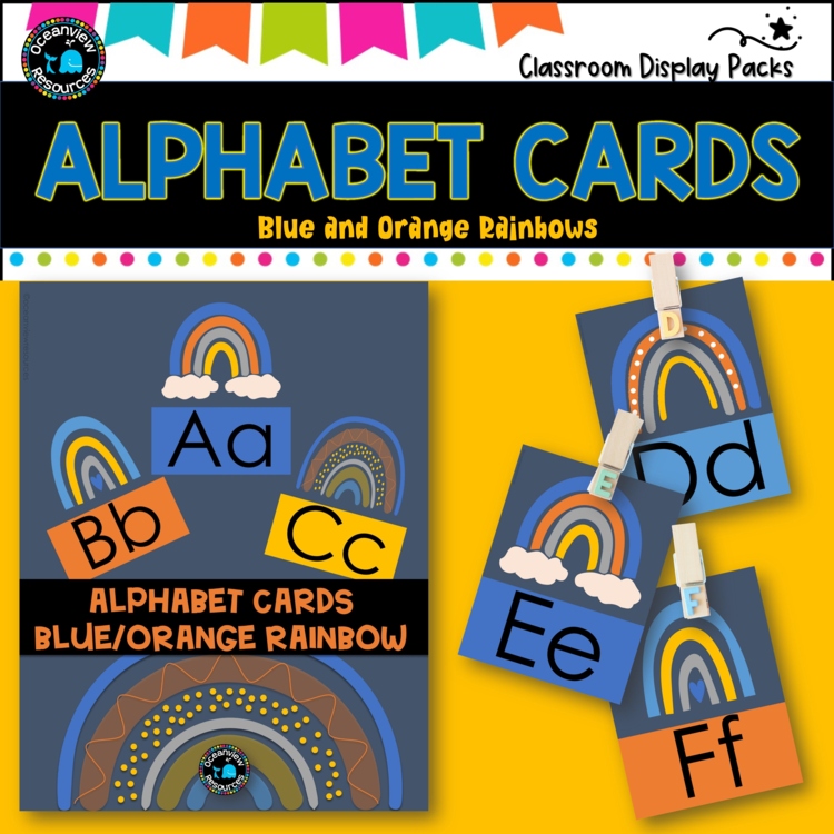 ALPHABET CARDS- ORANGE AND BLUE RAINBOW Design- Upper and lower case