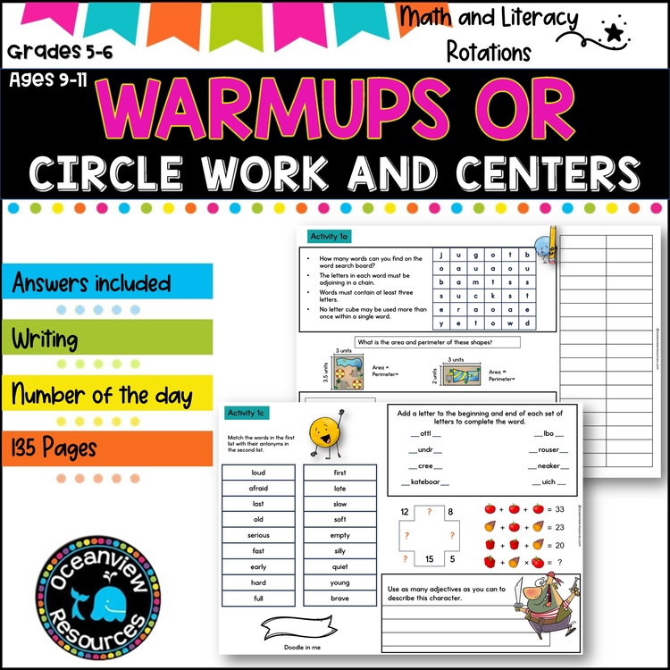SUB PACK/PLANS NO PREP  -Literacy, Number -Grades 5-6 Set 1