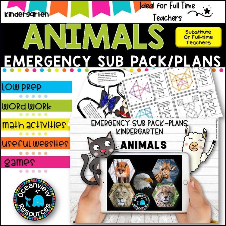 Kindergarten Emergency Sub Plans/Distance Learning Packet  (Animals)