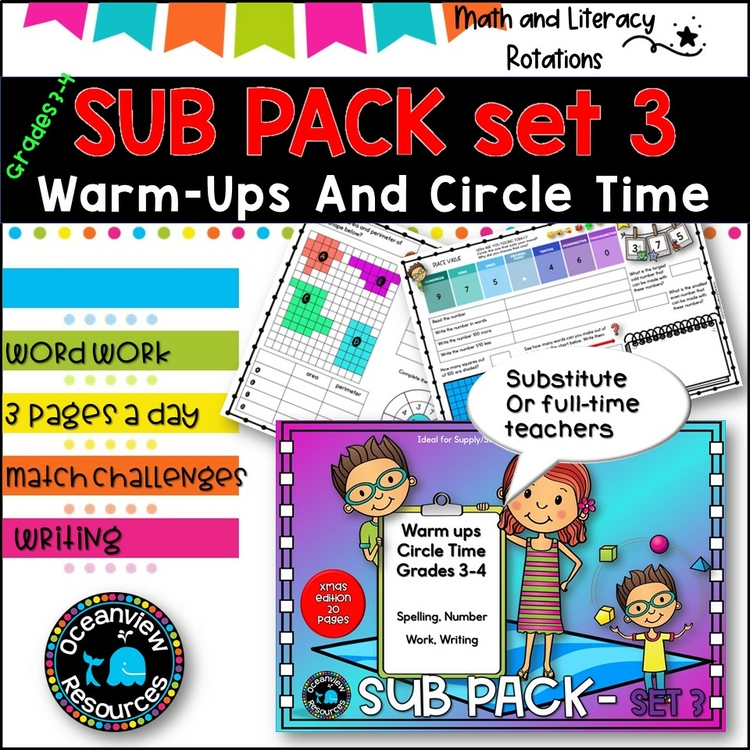 SUB PACK/PLANS NO PREP  -Literacy, Number -Grades 3-4  SET 3