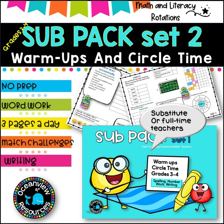 Emergency SUB PACK/PLANS NO PREP Literacy-Number Grades 3-4 SET 2