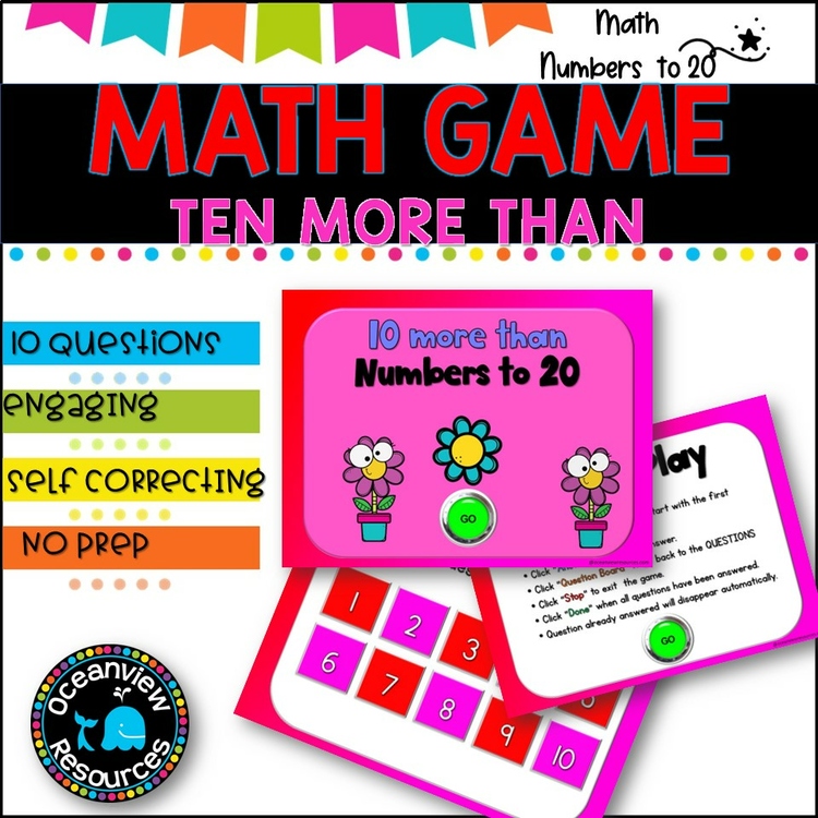 NO PREP MATH GAME l TEN MORE THAN number problems to 20  l POWERPOINT GAME