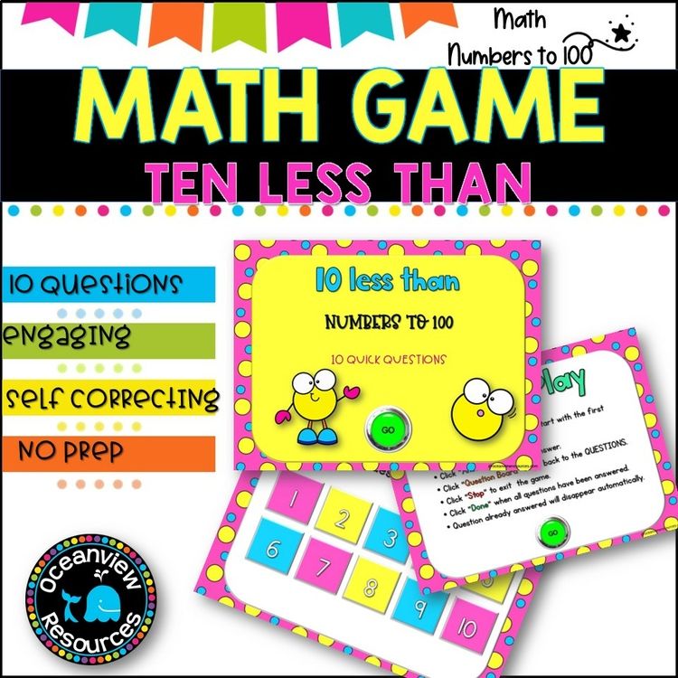 NO PREP MATH GAME l TEN LESS THAN- numbers to 100  l POWERPOINT GAME