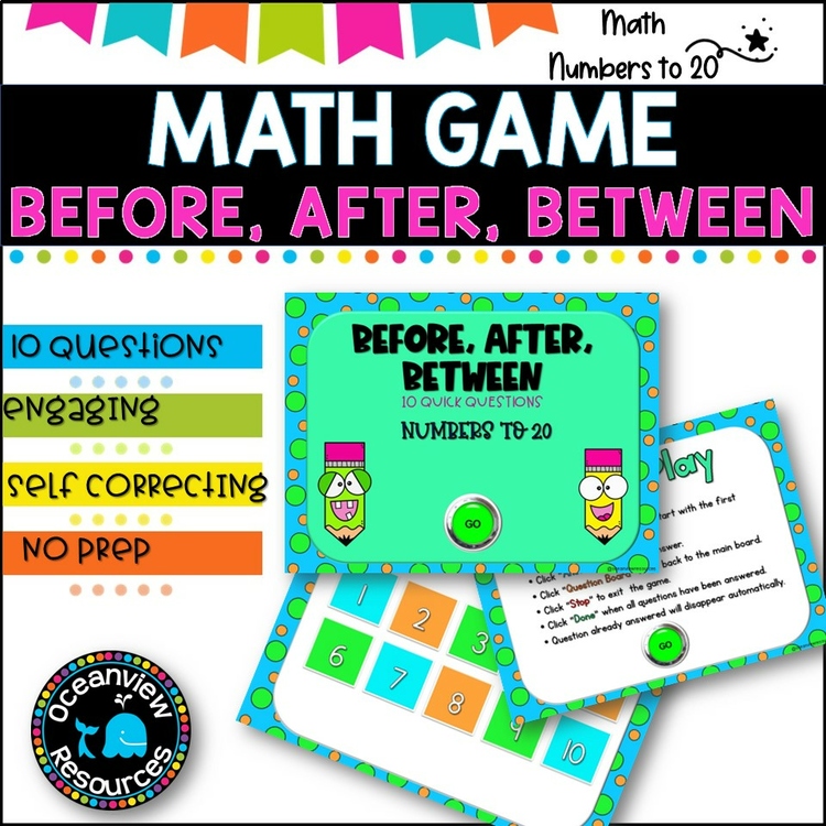 NO PREP MATH GAME -BEFORE, AFTER, BETWEEN Numbers to 20-POWERPOINT GAME