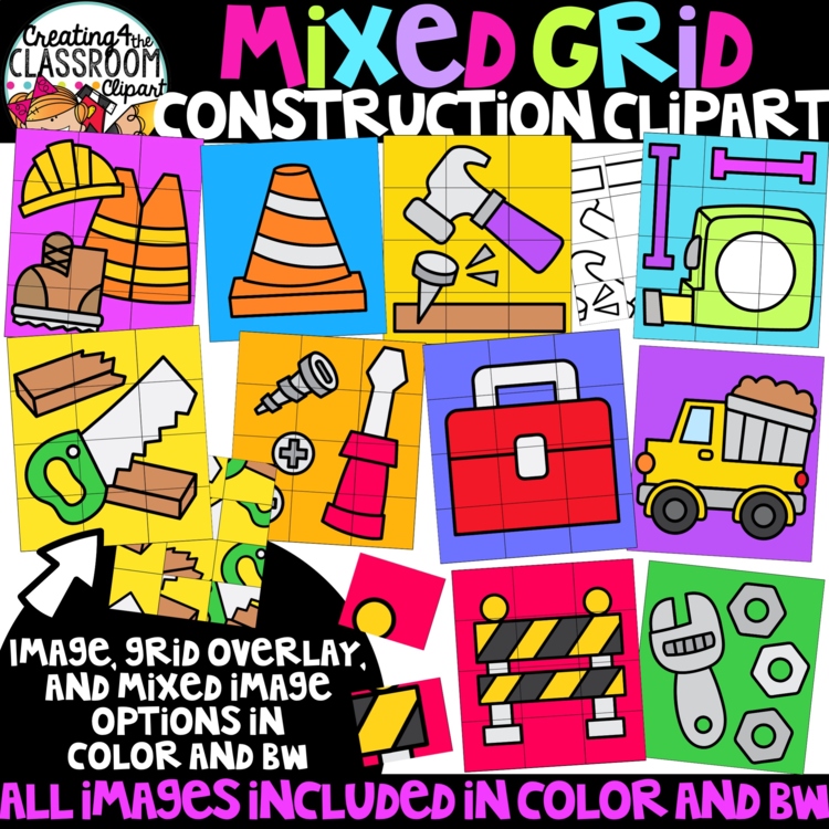 Mixed Grid Construction Puzzle Clipart | Construction clipart for worksheets