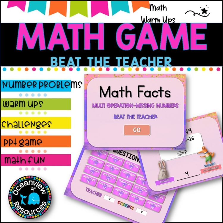 Missing Number Problemsl PowerPoint Game l BEAT THE TEACHER l worksheet